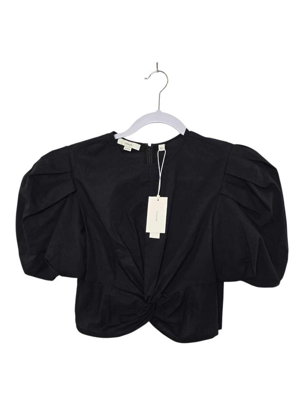 NWT Vince Black Puff Sleeve Knot Front Cropped Blouse XXS Minimalist